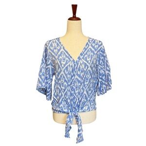 C by One 100% Rayon V-Neck Tie Front 3/4 Sleeve Pullover Blue White Size M #1413